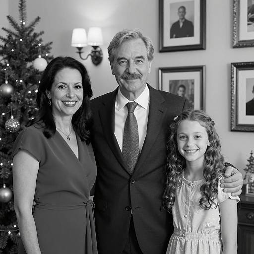 Black and white family portrait with Christmas tree