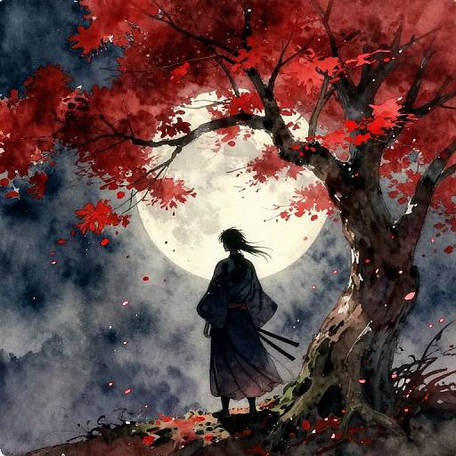 Watercolor anime illustration of a silhouetted warrior under a glowing full moon, surrounded by a red-leafed tree, with falling petals.