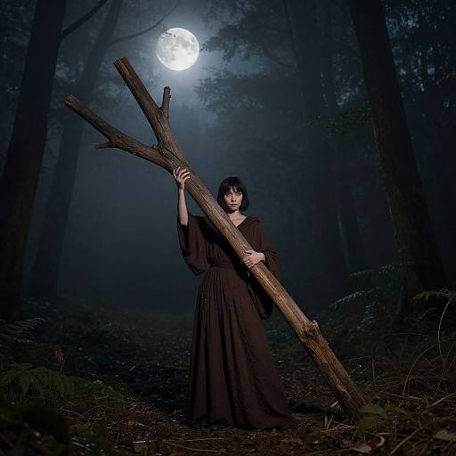 Photograph of a pale, dark-haired woman in a black dress holding a large wooden stick in a moonlit, foggy forest.