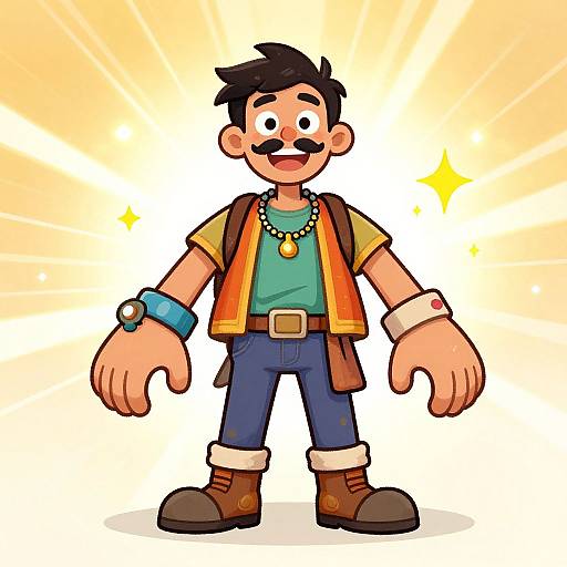 Cartoon drawing of a cheerful, mustached man with black hair, wearing a yellow-orange vest, green shirt, blue jeans, brown boots, and