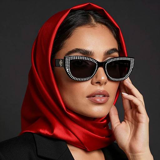 Woman in Red Satin Headscarf and Rhinestone Sunglasses