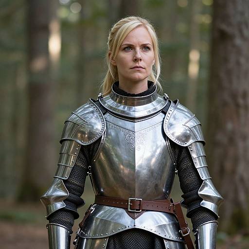 Photograph of a blonde woman with fair skin and blue eyes, wearing shiny medieval steel armor with a brown belt, standing in a forest.