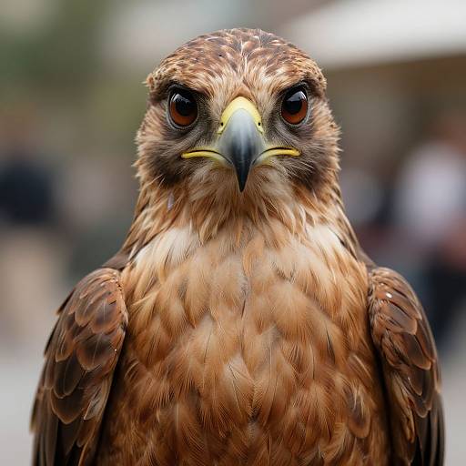 Close-up photograph of a fierce-looking brown hawk with striking orange-brown feathers, intense dark eyes, and a sharp yellow-tipped beak. Bl