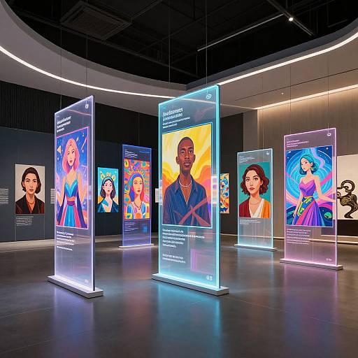 Photograph of a modern art gallery with illuminated, backlit portrait displays featuring diverse individuals, vibrant colors, and sleek, minimalist design.