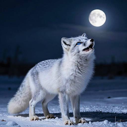 Photograph of a white fox with blue eyes howling at a full moon in a snowy night landscape, glowing under moonlight.