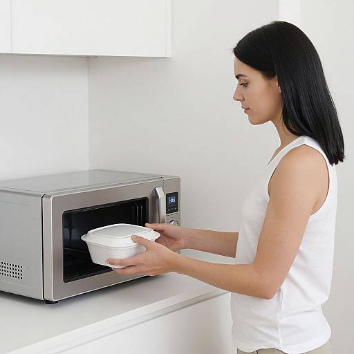 Photograph of a Caucasian woman with black hair, wearing a white tank top, placing a microwave-safe white bowl in a modern silver microwave. Bright,