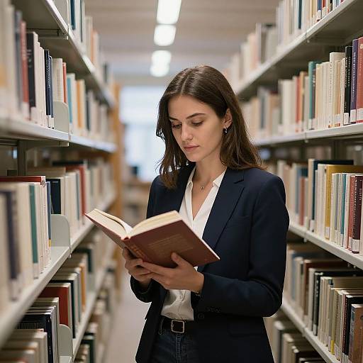 Photograph of a young woman with long brown hair, wearing a black blazer and white shirt, reading a book in a brightly lit library aisle.
