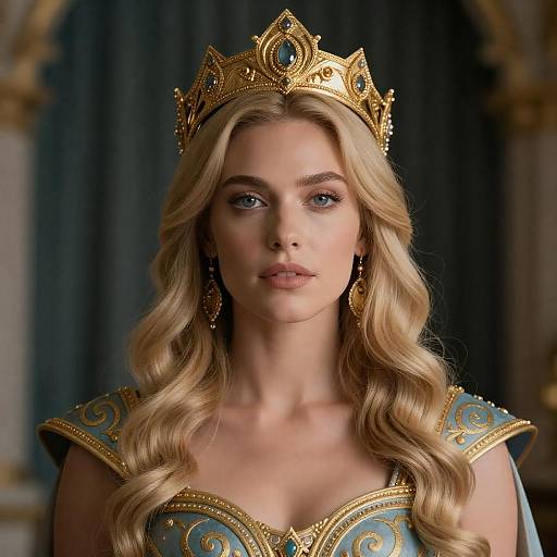 Portrait of Woman Wearing Ornate Golden Crown and Armor