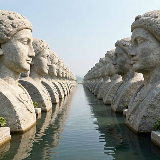 Photograph of a serene stone courtyard with rows of large, serene stone busts flanking a narrow reflective water canal under bright daylight.
