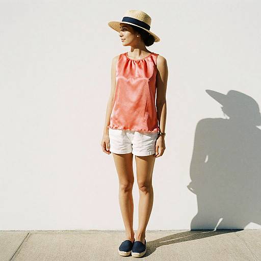 Athletic Woman in Summer Outfit with Straw Hat