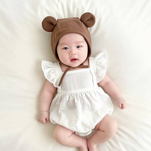 Photograph of a chubby baby with fair skin, wearing a brown bear-eared hat and white puffed-sleeve dress, lying on a white