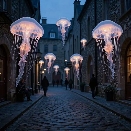 Photograph of a cobblestone alley at dusk, illuminated by glowing, translucent jellyfish decorations hanging from stone buildings. People walk in the background,