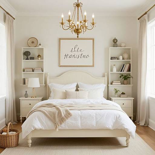 Cozy, bright bedroom photo: white bed with beige throw, gold chandelier, 