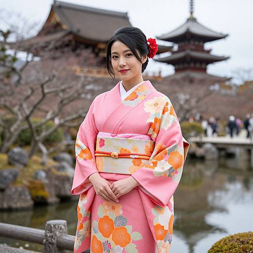 Photograph of a smiling Japanese woman in a pink floral kimono, with a red hairpin, standing in front of traditional Japanese buildings and a pond