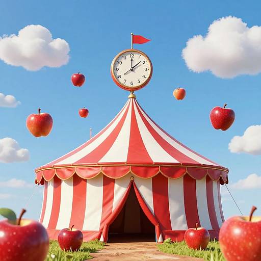 Photograph of a red-and-white striped circus tent with a clock on top, surrounded by floating apples under a bright blue sky with white clouds.