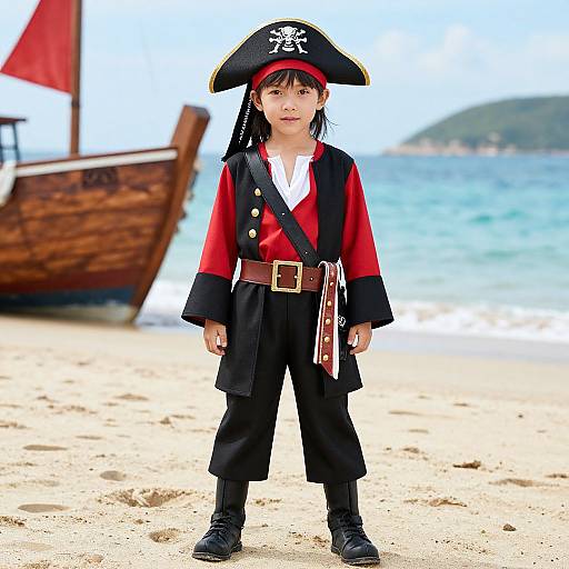 Photograph of a young Asian boy on a beach in a pirate costume with a red and black pirate hat, red shirt, black pants, and brown