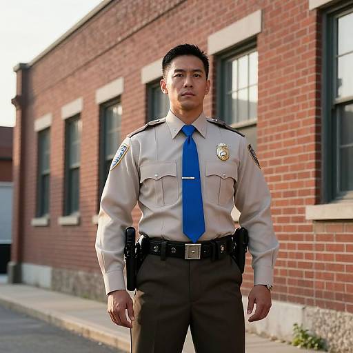 Serene Police Officer by Brick Building