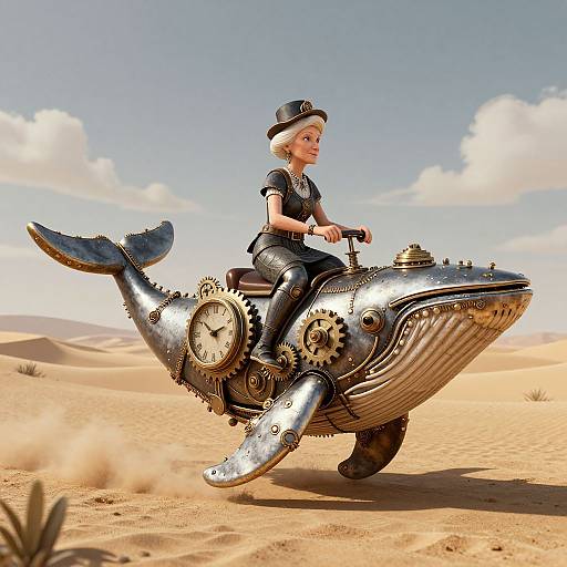 Photorealistic CGI of a blonde child in a black leather outfit and hat riding a steampunk whale motorcycle in a desert.