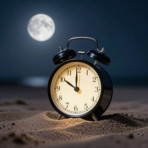 Photograph of a black, vintage alarm clock with glowing white face, standing on sandy ground under a full moonlit night sky.