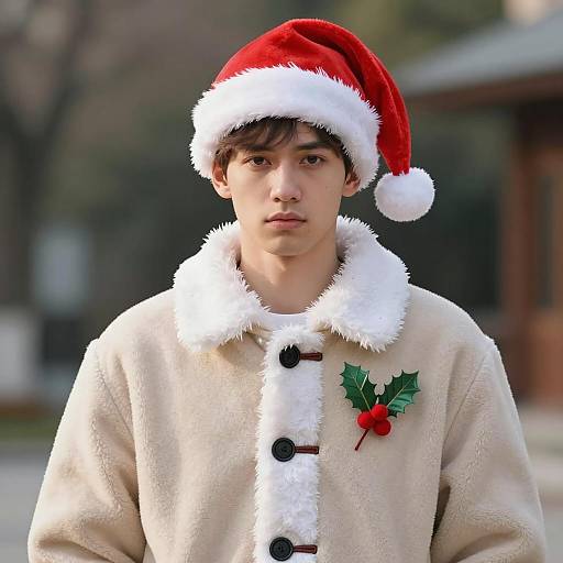 Young Man in Santa Hat and Christmas Coat