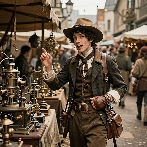 Photograph of a young man in 19th-century steampunk attire, brown hat, dark vest, and gloves, gesturing at antique clock