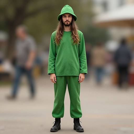 Photograph of a long-haired bearded man in a green hooded sweatshirt and matching green pants, standing in a blurred urban park.