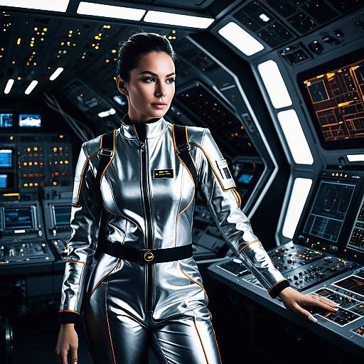 Female Astronaut Engineer in Futuristic Spacecraft Control Room