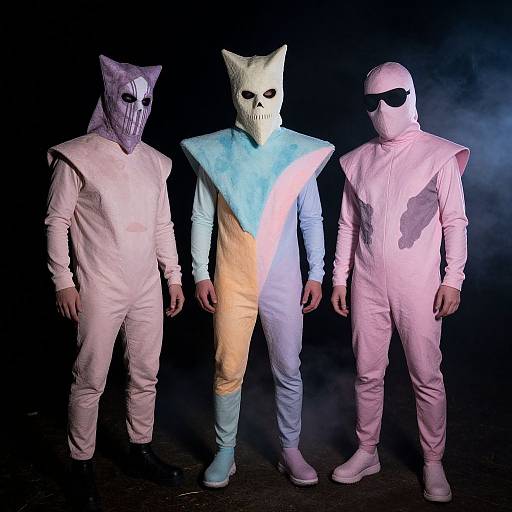 Photograph of three men in pink full-body suits, wearing different cat skull masks, standing against a dark, smoky background.