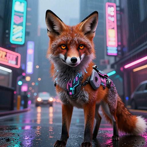 Cyberpunk Fox in Neon Cityscape