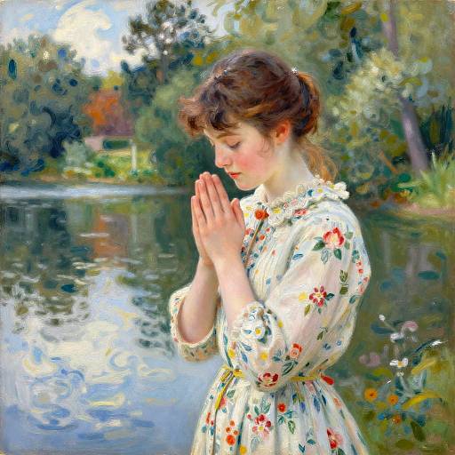 Young Woman Praying by Lake in Floral Dress