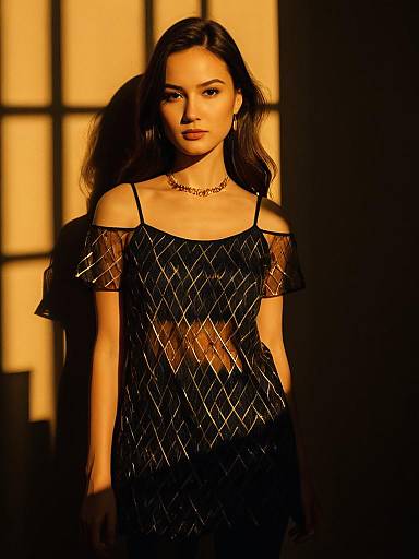 Woman in Sheer Metallic Thread Slip Dress