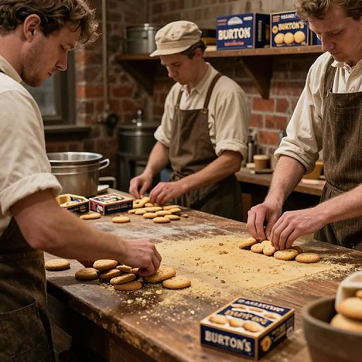 Photograph of three men in vintage attire, making buttermilk biscuits on a wooden table in a brick-walled bakery. Flour dusts the table
