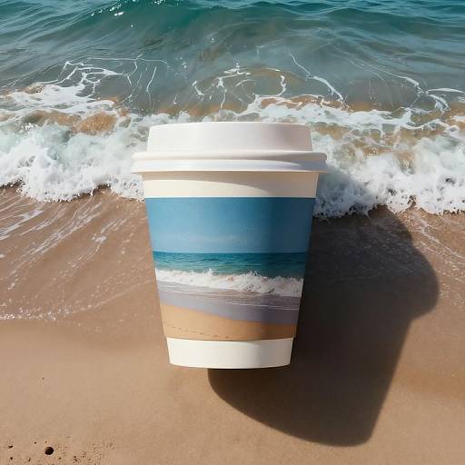 Aerial photo of a striped paper coffee cup standing on sandy beach with waves gently washing over it.