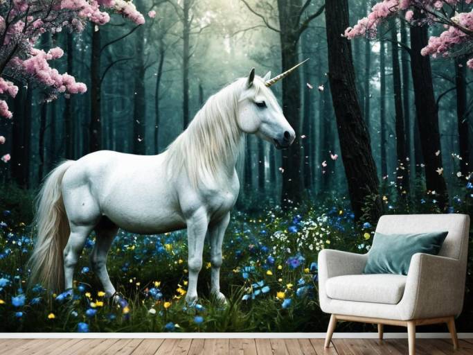 Whimsical Unicorn in Enchanted Forest