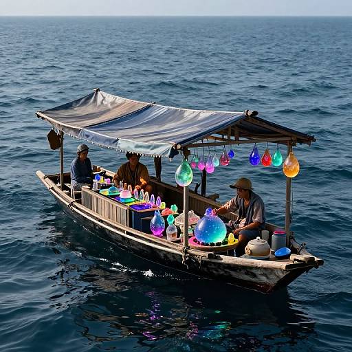 Photograph of a wooden boat on a blue ocean, with three men selling colorful, glowing glass orbs under a shaded canopy.