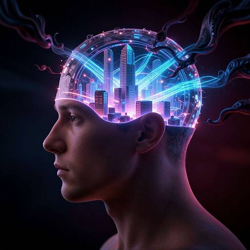 Photorealistic CGI of a side profile male head with a glowing, neon cityscape inside, surrounded by blue and purple energy lines. Dark background.