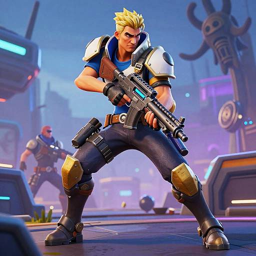 CGI image of a muscular, blonde, blue-shirted soldier in futuristic armor, holding a gun, standing in a neon-lit, sci-fi