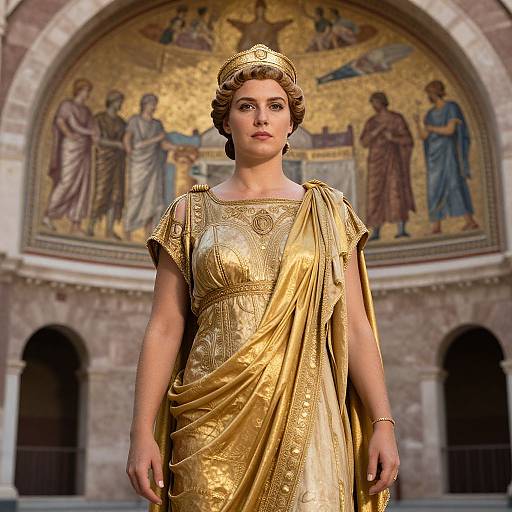 Photograph of a fair-skinned woman with curly brown hair in a gold, ancient Roman-style gown, standing in front of a mosaic-adorned
