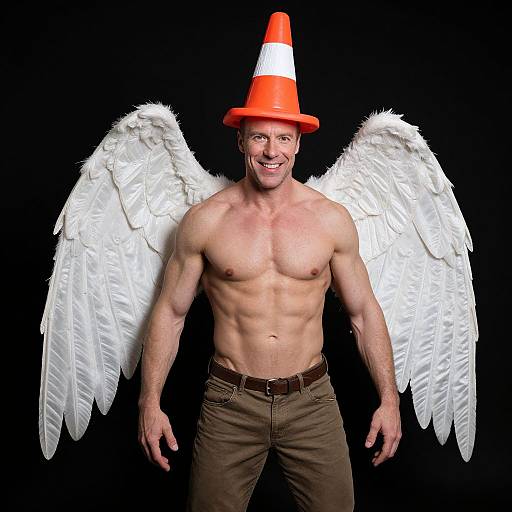 Photograph of a muscular, shirtless man with white angel wings and an orange traffic cone hat, smiling, wearing brown pants, against a black background