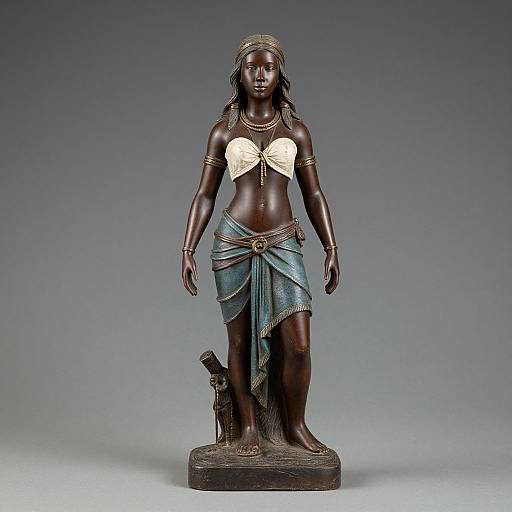 Photograph of a dark bronze statue of a female figure with long hair, wearing a white bow top, blue skirt, gold armlets, and standing