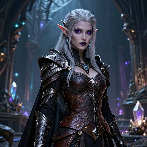 Digital artwork of a silver-haired, purple-eyed elf woman with pointed ears, wearing dark, ornate armor and a blue gemstone necklace, standing in