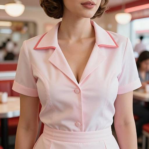 Photograph of a woman with fair skin and short brown hair, wearing a pink nurse uniform with pink trim, deep V-neck, and short sleeves,