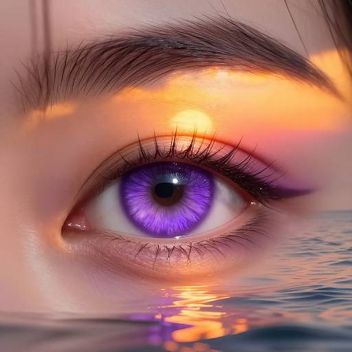 Close-up photograph of a vivid blue eye with long eyelashes, surrounded by orange and pink light reflections, partially submerged in water.