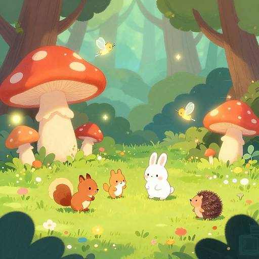 Whimsical forest scene: cute red squirrel, white bunny, brown hedgehog, and glowing mushrooms with butterflies, surrounded by lush greenery and twink
