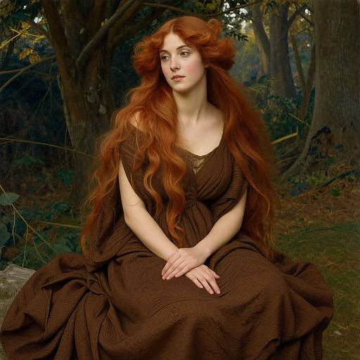 Digital painting of a fair-skinned, red-haired woman with long, wavy hair, wearing a brown, Victorian-style dress, sitting in a forest
