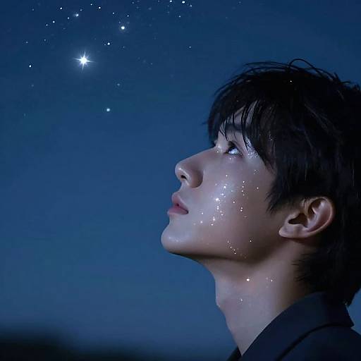Photograph of young Asian man with short black hair, gazing upward at glowing stars against a deep blue night sky.