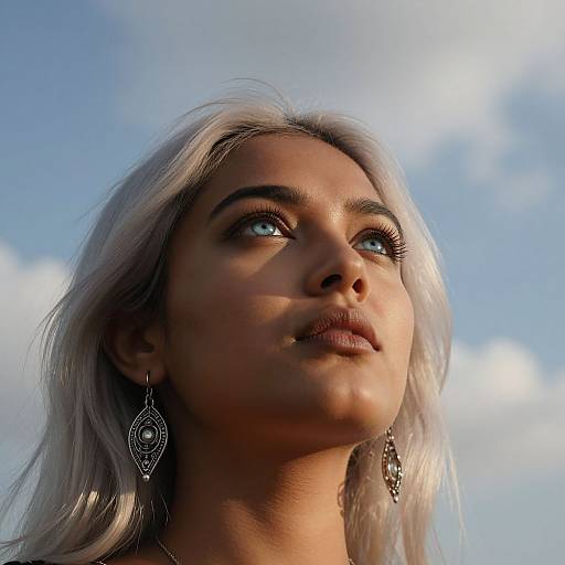 Photorealistic portrait of a young woman with silver hair, blue eyes, and ornate earrings, gazing upward against a bright blue sky.