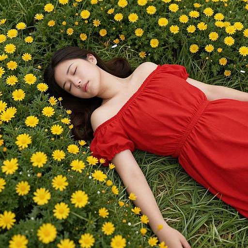 Photograph of a young woman with closed eyes, lying in a field of vibrant yellow dandelions, wearing a red off-shoulder dress,