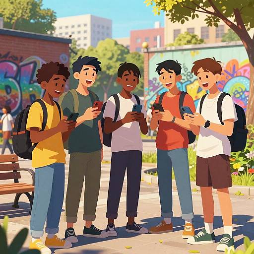 Digital illustration of five diverse teenage boys with backpacks, standing in a sunny urban park, smiling while looking at smartphones.