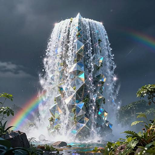 Digital artwork of a glowing, crystal-encrusted waterfall with rainbows, surrounded by lush greenery, under a dark, cloudy sky.